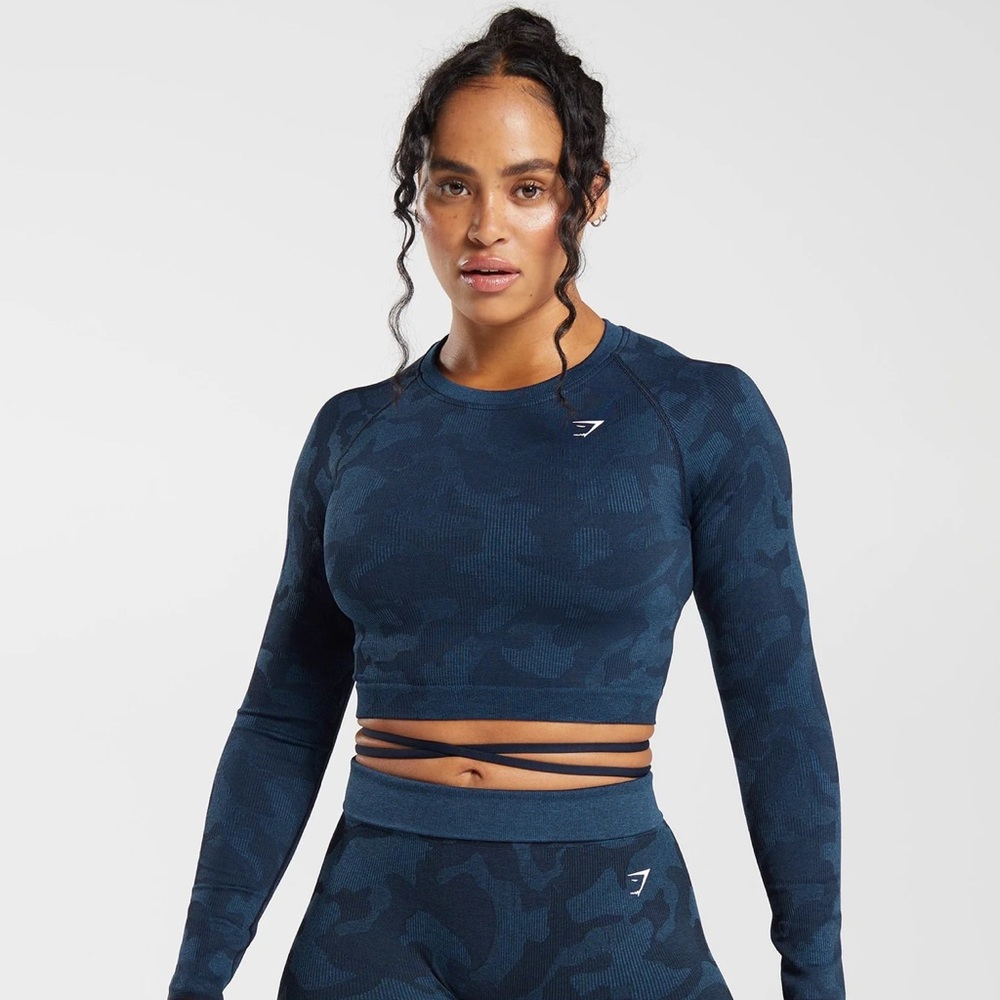 Gymshark Adapto camo seamless Long Sleeve Crop Top Fitted Cut Out size MEDIUM